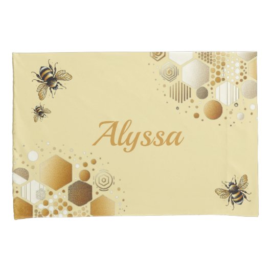 Custom Busy Bee op Honingraat: Zeshoeken en Cirkel Kussensloop (Voorkant-Rechts)