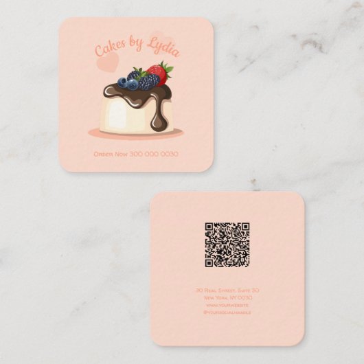 Custom Cake Bakery Business Card with QR Code Vierkante Visitekaartje (Voorkant / Achterkant)