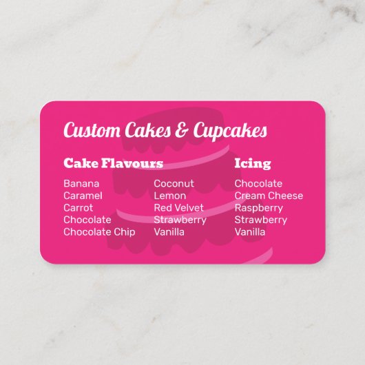 Custom Cakes Roze Bakkerij Menu Smaken Visitekaartje (Achterkant)