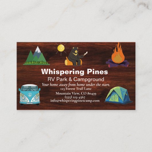 Custom Camp Contact Kaart voor Outdoor Retreats Visitekaartje (Voorkant)