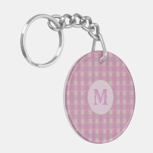 Custom Capital Initial Pink Plaid Stripe Key Chain Sleutelhanger (Voorkant Links)