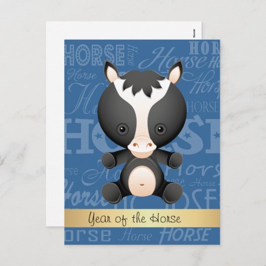 Custom Cartoon Jaar van het Paard Woord Art Feestdagenkaart (Voorkant / Achterkant)