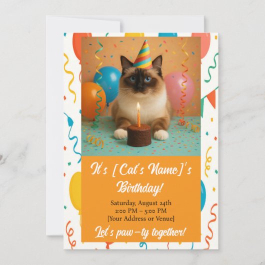 Custom Cat Birthday Party Invitation Kaart (Voorkant)