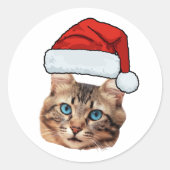 Custom Cat Face Photo Santa Hat Christmas Ronde Sticker (Voorkant)
