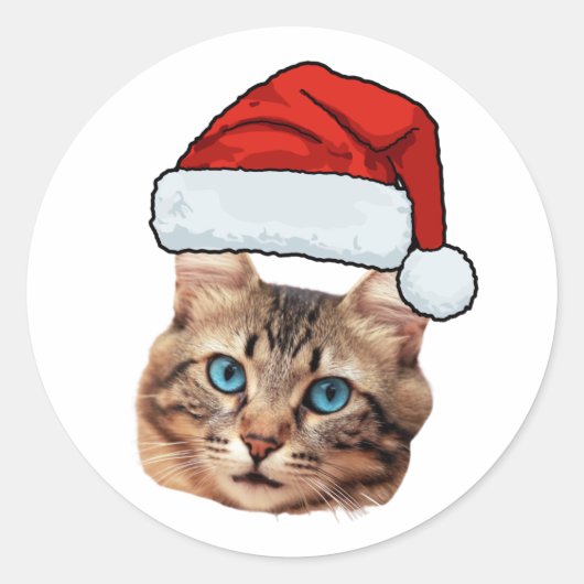 Custom Cat Face Photo Santa Hat Christmas Ronde Sticker (Voorkant)