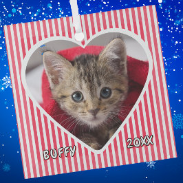 Custom Cat on Red and White Striped Heart on Glas Ornament