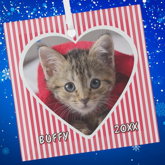 Custom Cat on Red and White Striped Heart on Glas Ornament