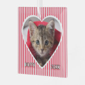 Custom Cat on Red and White Striped Heart on Glas Ornament (Voorkant links)