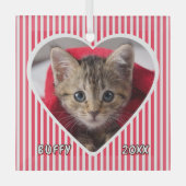 Custom Cat on Red and White Striped Heart on Glas Ornament (Voorkant)