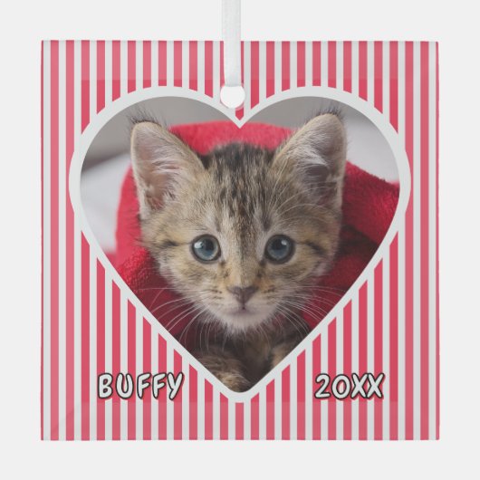 Custom Cat on Red and White Striped Heart on Glas Ornament (Voorkant)