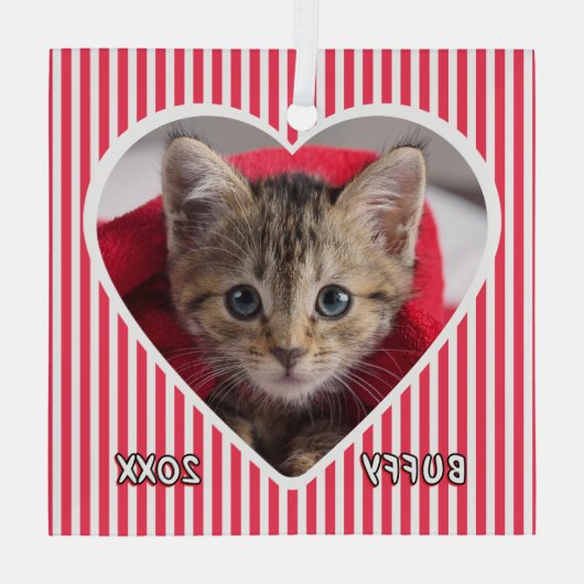Custom Cat on Red and White Striped Heart on Glas Ornament (Achterkant)