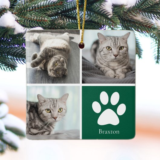 Custom Cat Photo Collage Cute Green Christmas Keramisch Ornament