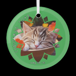 Custom Cat Photo Framed in Flower on Green  Glas Ornament
