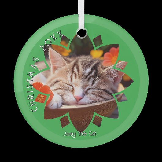 Custom Cat Photo Framed in Flower on Green  Glas Ornament