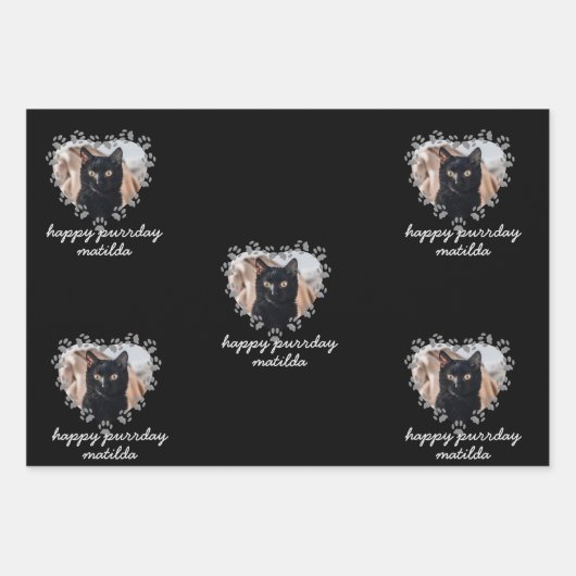 Custom Cat Photo Paw Print Pet Verjaardag Zwart Inpakpapier Vel (Voorkant)
