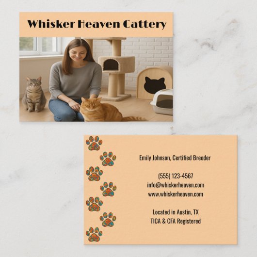 Custom Cattery Business Card with Photo  Visitekaartje (Voorkant / Achterkant)