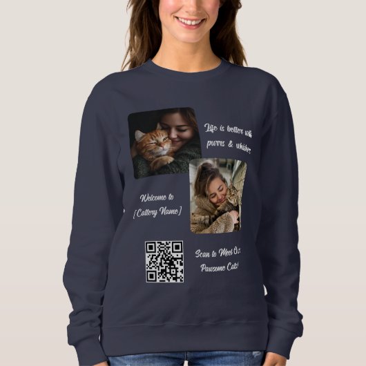 Custom Cattery Sweatshirt Voeg uw foto en QR-code  (Voorkant)