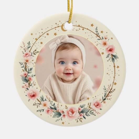 Custom Celestial Starry Baby First Christmas Photo Keramisch Ornament (Voorkant)