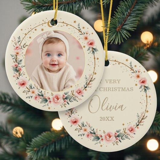 Custom Celestial Starry Baby First Christmas Photo Keramisch Ornament