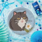 Custom Charming Cute Gray Cat & Chamomile FLower Papieren Bordje (Feest)