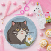 Custom Charming Cute Gray Cat & Chamomile FLower Papieren Bordje (Feest)