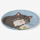 Custom Charming Cute Gray Cat & Chamomile FLower Papieren Bordje (Gekanteld)
