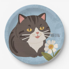 Custom Charming Cute Gray Cat & Chamomile FLower Papieren Bordje