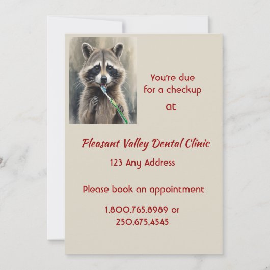Custom Check up Reminder Dentist Fun Raccoon Kaart (Achterkant)