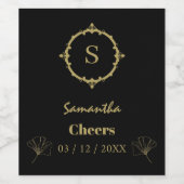 Custom Cheers Naam Monogram Zwart Goud Wijn Etiket (Enkel label)