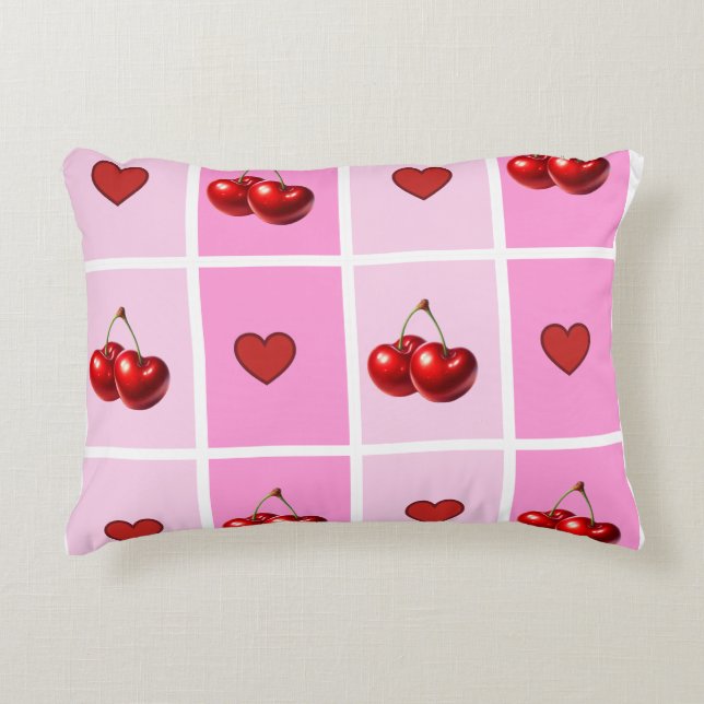 Custom Cherry Heart Checkerboard Pattern Accent Kussen (Voorkant)