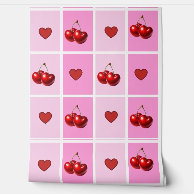 Custom Cherry Heart Checkerboard Pattern Behang (Afrollen)