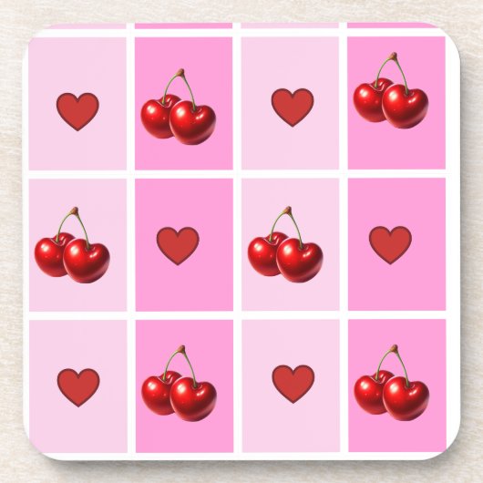 Custom Cherry Heart Checkerboard Pattern Bier Onderzetter (Voorkant)