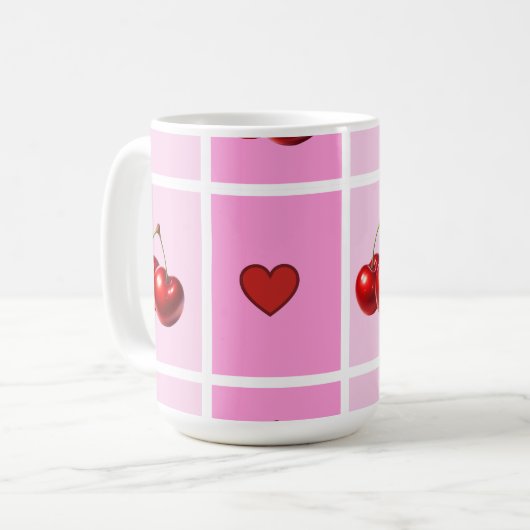 Custom Cherry Heart Checkerboard Pattern Koffiemok (Voorkant links)