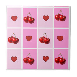 Custom Cherry Heart Checkerboard Pattern Tegeltje