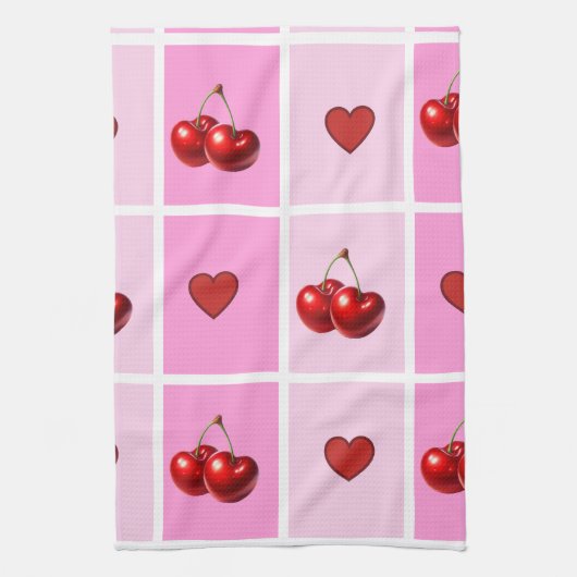 Custom Cherry Heart Checkerboard Pattern Theedoek (Verticaal)