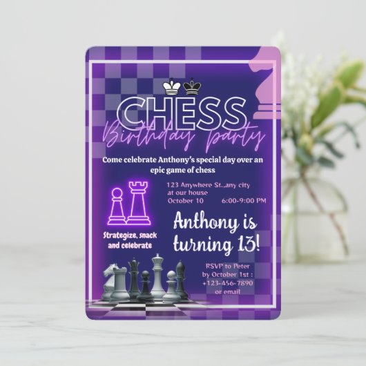 Custom Chess Verjaardag Uitnodiging Neon Theme (Staand voorkant)