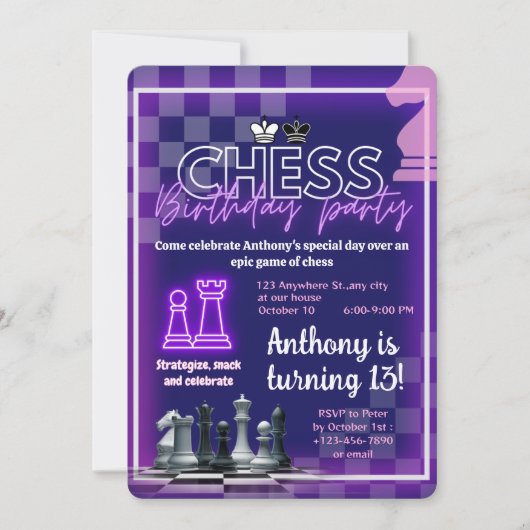 Custom Chess Verjaardag Uitnodiging Neon Theme (Voorkant)