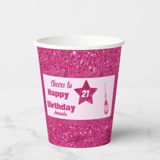 Custom Chic Roze Glitter Proost 21 Gelukkige Verja Papieren Bekers (Voorkant)