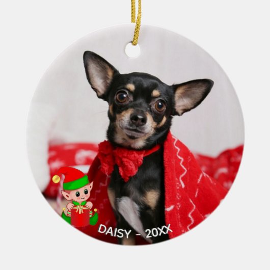 Custom Chihuahua Dog Foto met Cute Elf Keramisch Ornament (Voorkant)
