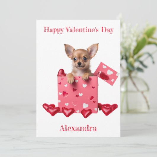 Custom Chihuahua Puppy Roze Hart Box Valentijn Feestdagenkaart (Staand voorkant)