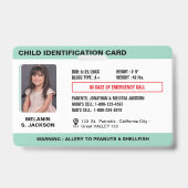 Custom Child Emergency Photo ID Badge voor kindere (Voorzijde)