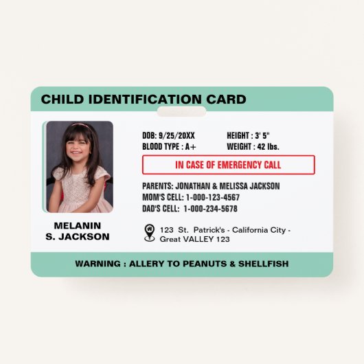 Custom Child Emergency Photo ID Badge voor kindere (Voorkant)