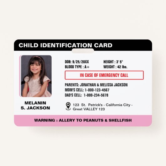 Custom Child Emergency Photo ID Badge voor kindere (Voorkant)