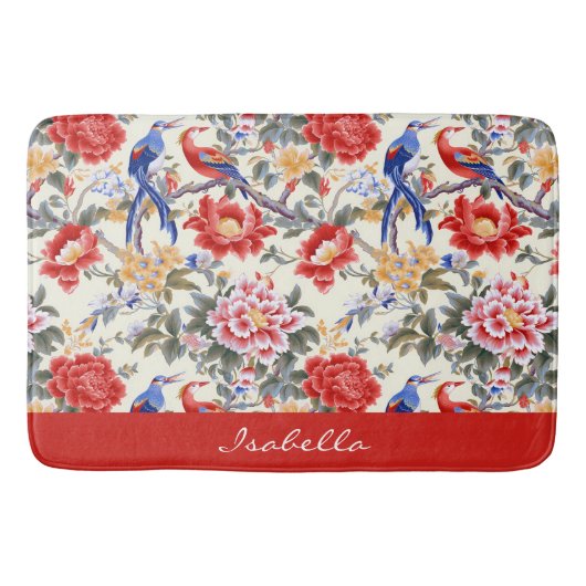 Custom Chinoiserie Aziatische Bloemen Roze Blauw R Badmat (Voorkant)