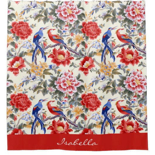 Custom Chinoiserie Aziatische Bloemen Roze Blauw R Douchegordijn (Voorkant)