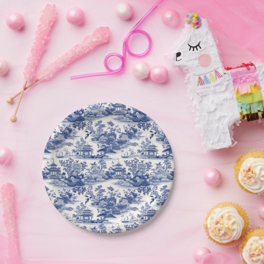 Custom Chinoiserie Patroon Pagode Blauw Papieren Bordje (Feest)