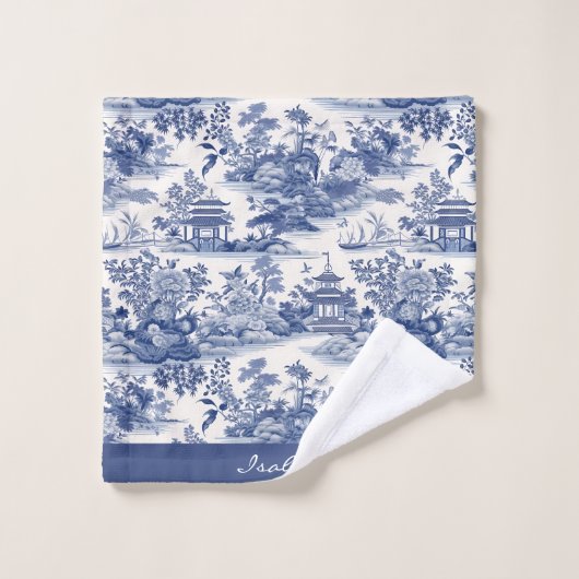 Custom Chinoiserie Patroon Pagode Blauw Wit Bad Handdoek (Wasdoekje)