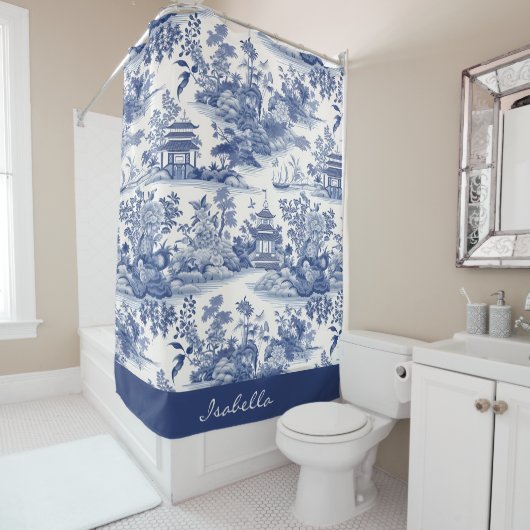 Custom Chinoiserie Patroon Pagode Blauw Wit Douchegordijn (In situ)