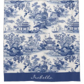 Custom Chinoiserie Patroon Pagode Blauw Wit Douchegordijn (Voorkant)