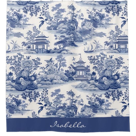 Custom Chinoiserie Patroon Pagode Blauw Wit Douchegordijn (Voorkant)